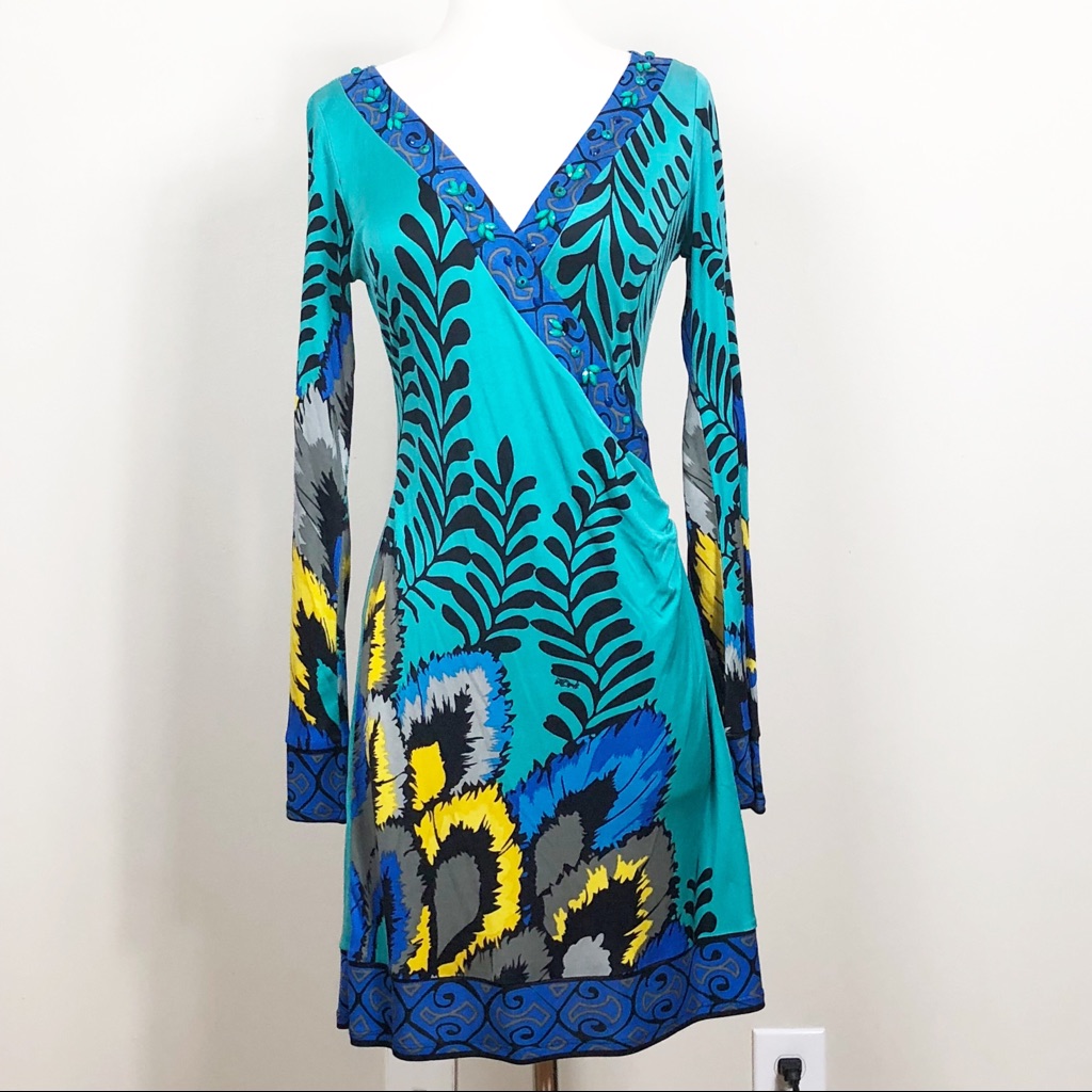 Hale Bob Teal Blue Yellow Floral Long Sleeve V-Neck Dress
